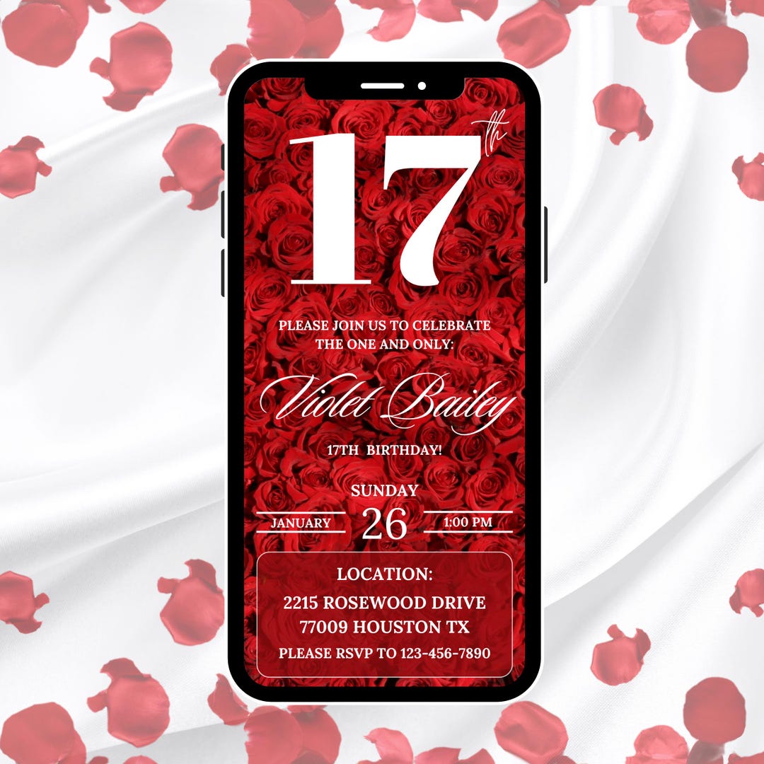 17th Red Rose Birthday Digital Invitation, Elegant Floral Birthday ...