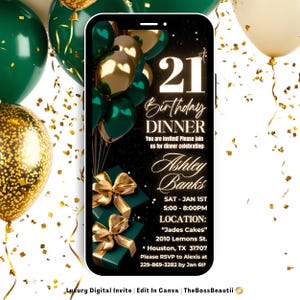 21st Elegant Green and Gold Birthday Digital Invitation, birthday party evite . 21 birthday for her/girls, editable template, Luxury Invite