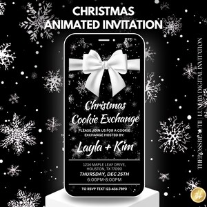 May include: A digital Christmas invitation on a smartphone screen. The black background features white snowflakes and a white bow. The invitation reads "Christmas Cookie Exchange" and includes event details and RSVP information.