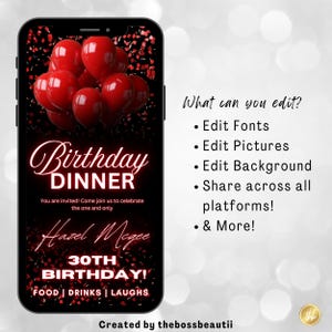 Faire-part numérique rouge pour le dîner d'anniversaire, invitation d'anniversaire, édition Canva, fête d'anniversaire, pour homme et femme, modèle modifiable, tbb10 image 3
