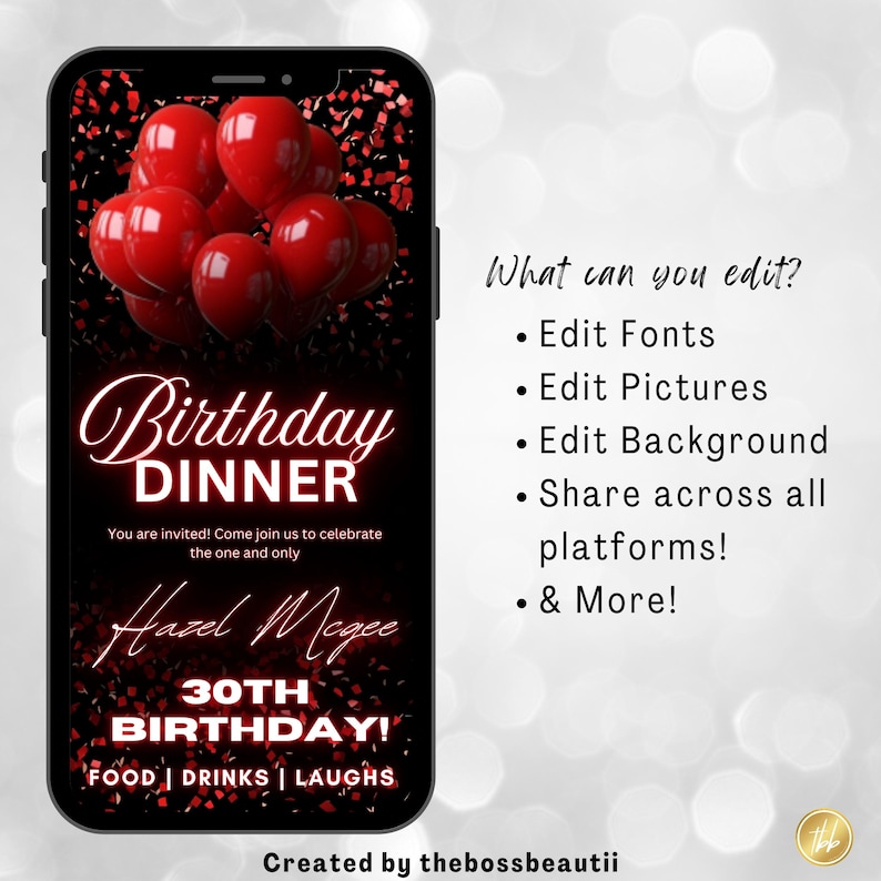 Faire-part numérique rouge pour le dîner d'anniversaire, invitation d'anniversaire, édition Canva, fête d'anniversaire, pour homme et femme, modèle modifiable, tbb10 image 3