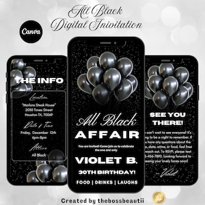 All Black Birthday Dinner Digital Invitation, bday video, edit in Canva, for men and women, Party Invite , editable template, digital invite