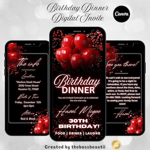 Red Birthday Dinner Digital Invitation, birthday evite, edit in Canva, birthday party, for men and women, editable template,  tbb10