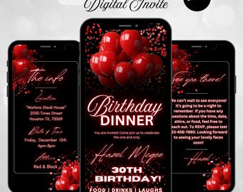 Red Birthday Dinner Digital Invitation, birthday evite, edit in Canva, birthday party, for men and women, editable template,  tbb10