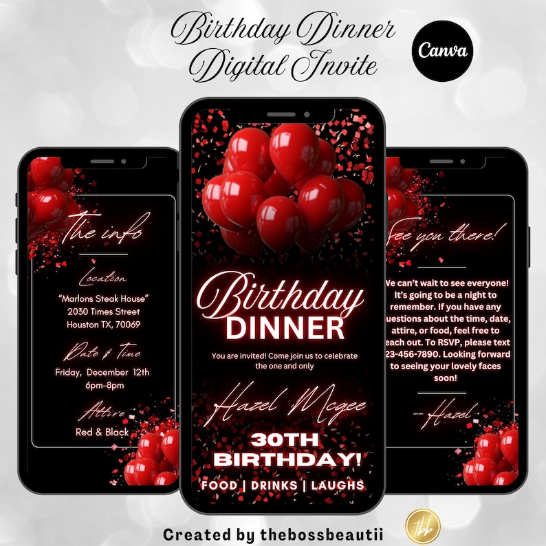 Faire-part numérique rouge pour le dîner d'anniversaire, invitation d'anniversaire, édition Canva, fête d'anniversaire, pour homme et femme, modèle modifiable, tbb10 image 1