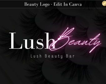 May include: A beauty logo featuring the words "Lush Beauty" in white and pink neon script. The text "Lush Beauty Bar" is below the main text. The background is black with a blurred image of eyelashes.