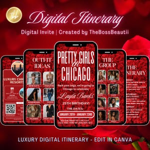 Invito per itinerario di viaggio a Chicago, invito di compleanno, invito per itinerario, festeggiata, modello modificabile, fine settimana di compleanno, rose rosse