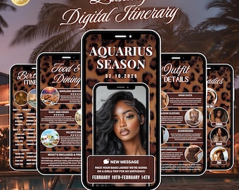 Aquarius Season Leopard Print Itinerary Invitation, birthday girls trip, editable template, Birthday Weekend, Trip Schedule, Cheetah Print,