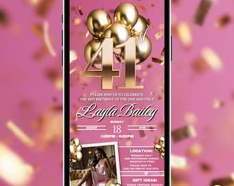 41st  Luxury Pink and Gold Birthday Invitation with picture, She's turning forty one, for her, 41st birthday  party text message invite