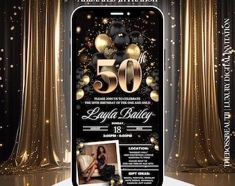 50th Luxury Black and Gold Birthday Invitation with picture, turning fifty, 50th bday party text message invite, for him and her 50