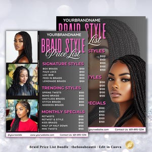 Braid Price List Template, Braider Price List Sheet, 8.5x11 Price List Design, Edit In Canva, Beauty Price List, Black and Pink