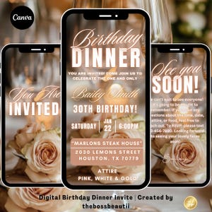 Invito digitale per cena di compleanno, invito di compleanno, modificabile in Canva, festeggiata, modello modificabile, invito elegante, per donne tbb475