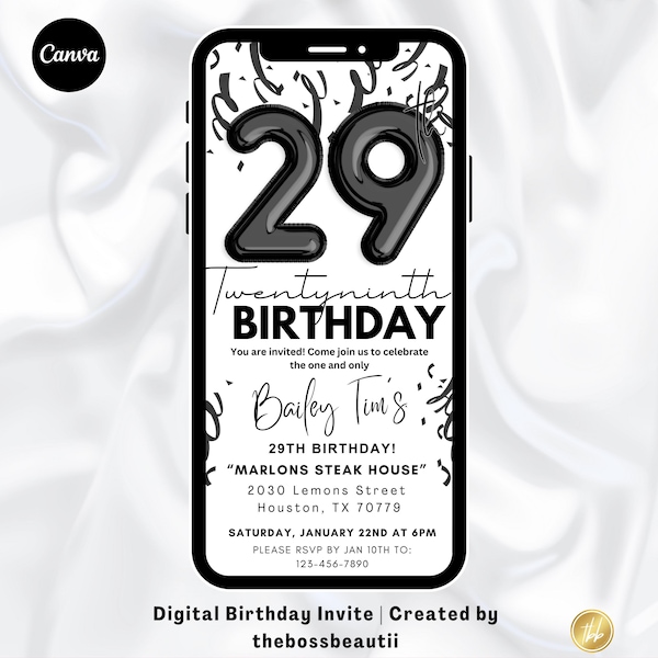 29th Black and White Birthday Party/Dinner Digital Invitation, 29th birthday evite, For men and women, boys and girls template, tbb435