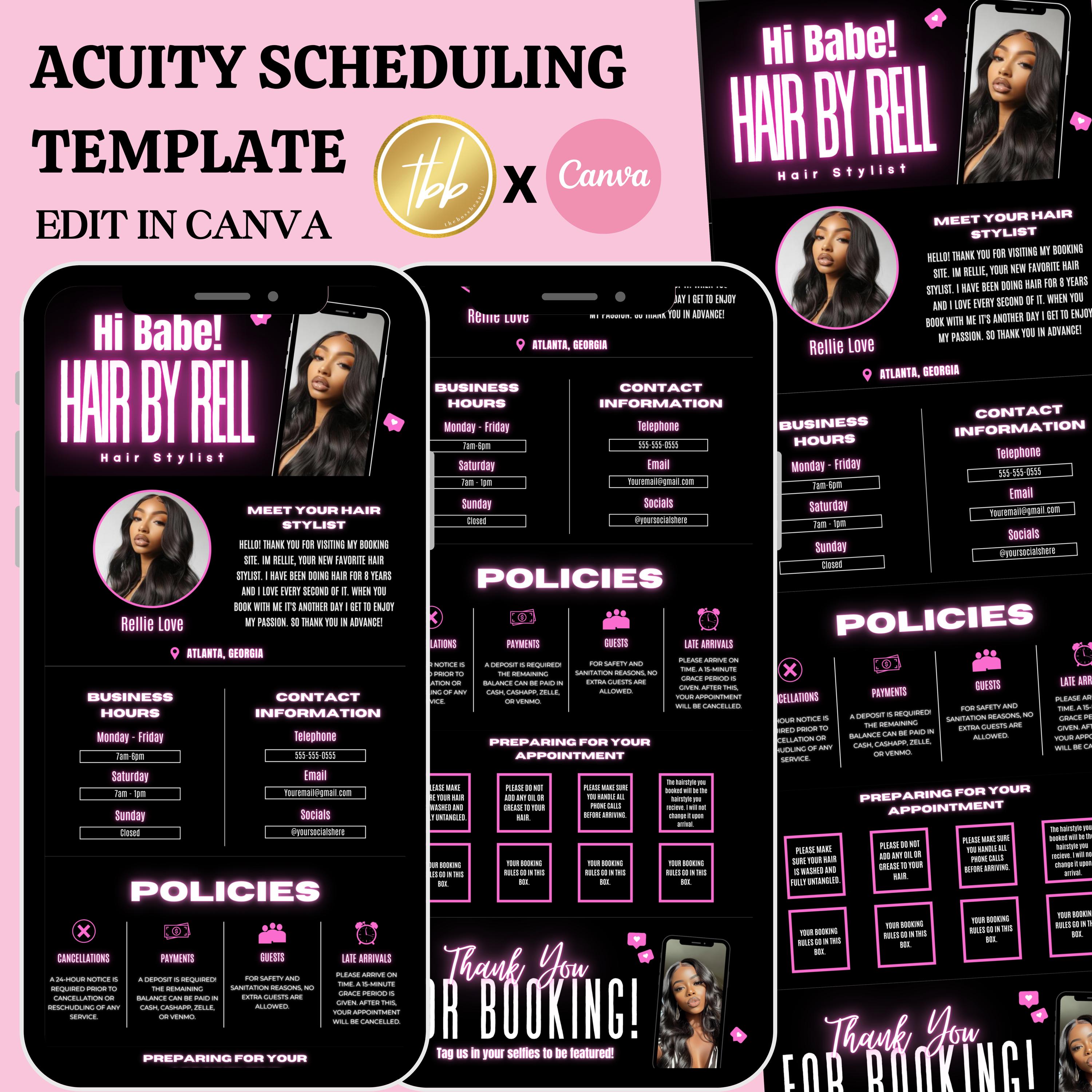 Pink Acuity booking Site Template, The Boss Beautii Acuity Site, Edit in canva, Cheap Acuity Banners for hairstylists, nail techs, mua