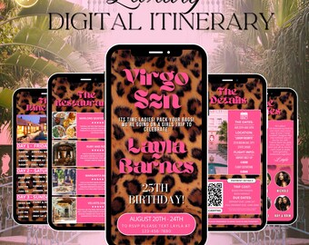 Virgo Szn Pink Leopard Print Itinerary Invitation, birthday girl, editable template, Birthday Weekend, trip schedule, Cheetah Print