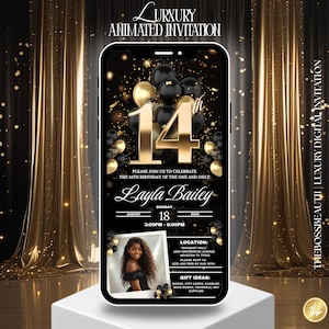May include: A digital invitation on a smartphone screen for a 14th birthday. The design features gold and black balloons, confetti, and the name "Layla Bailey." The invitation includes event details and gift ideas.