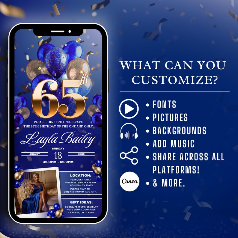 65th Luxury Blue and Gold Birthday Invitation With Picture, Turning ...