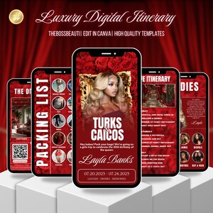 Turks and Caicos Red Itinerary Invitation, birthday girl, editable template, Birthday Weekend, all girls trip, Beautiful Roses Luxury Invite