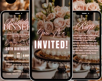 Pink Birthday Dinner Digital Invitation, birthday evite, edit in Canva, birthday girl, editable template, Elegant Evite, for women tbb471