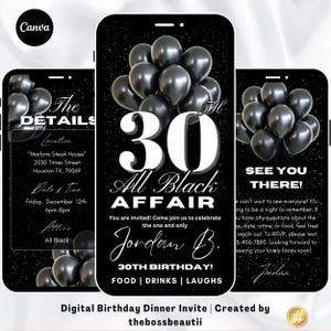Convite digital de aniversário de 30 anos All Black, vídeo de aniversário de 30 anos, edite no Canva, para homens e mulheres, Party Evite, modelo editável, comemoração imagem 1