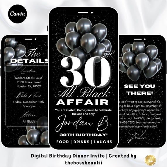 30th All Black Birthday Digital Invitation, 30th bday video, edit in Canva, for men and women, Party Evite , editable template, celebration