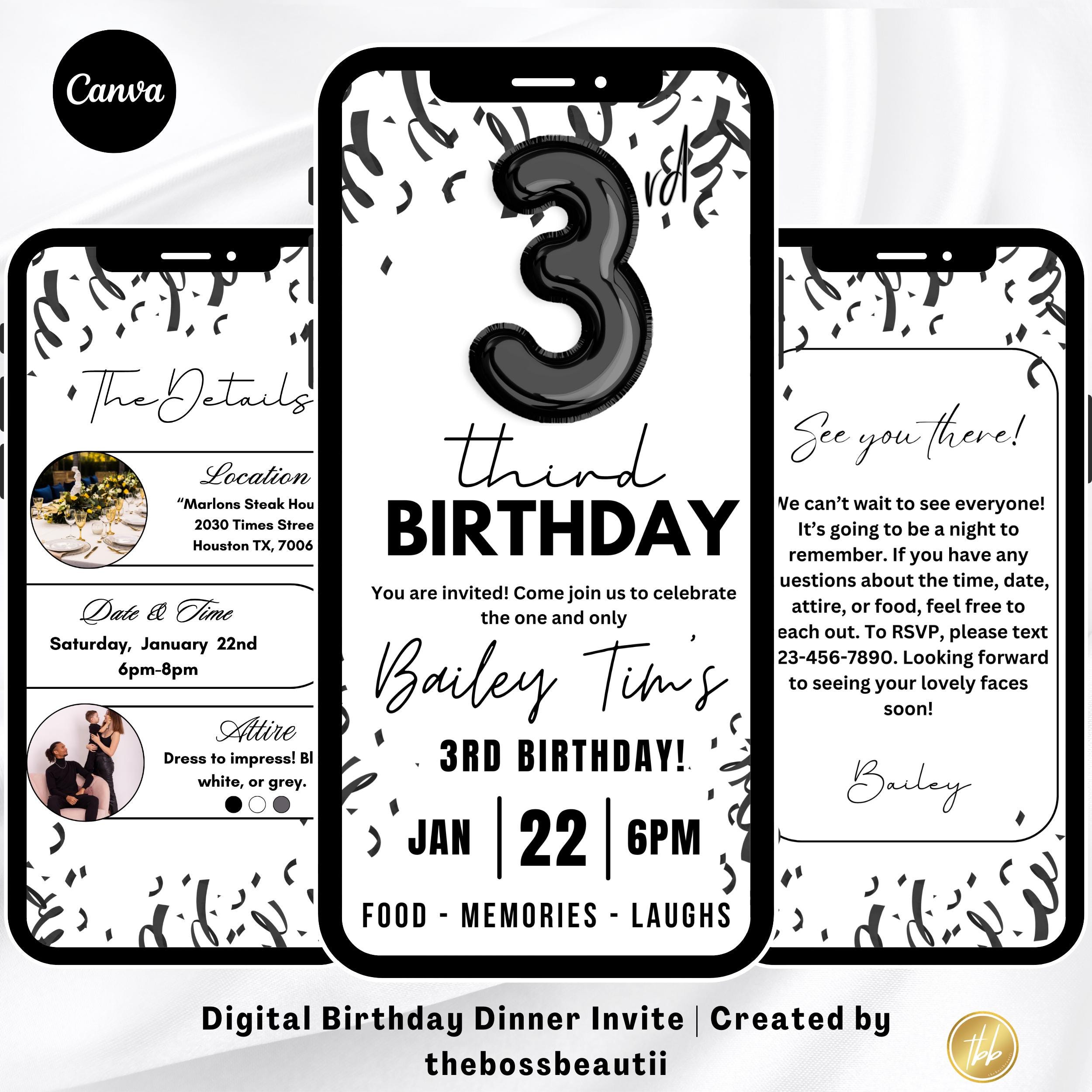 3rd Black and White Birthday Party/dinner Digital Invitation