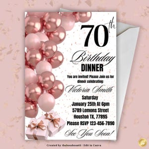 Einladung zur 70.Geburtstagsfeier, rosa und roségoldene Einladungen , bearbeiten in Canva, Geburtstagsparty Einladungen , bearbeitbare Vorlage, bearbeitbare Einladung 5x7, Einladung #40