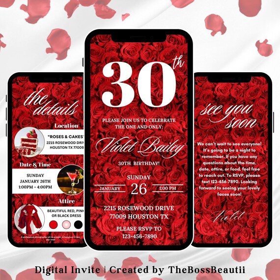 30th Red Rose Birthday Digital Invitation, elegant floral birthday evite, 30th birthday girl, text message invite, Rose Petal dinner invite,
