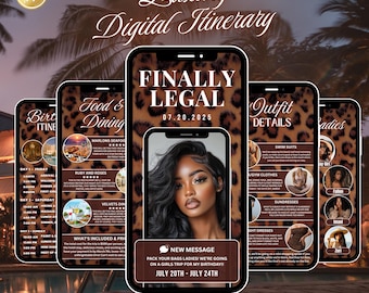 Finally Legal 21st Leopard Print Itinerary Invitation, birthday girls trip, editable template, Birthday Weekend Trip Schedule, Cheetah Print