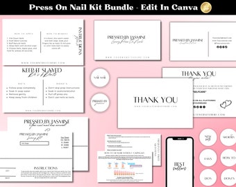 May include: A digital marketing kit for a press-on nail business. The kit includes instructions for applying and removing the nails, a thank you card, and a logo for the business. The text on the cards reads "Pressed by Jasmine" and "Keep It Slayed".