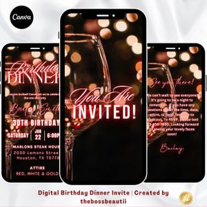 Convite digital para jantar de aniversário de luxo, convite de aniversário, aniversariante, modelo editável, convite elegante, para mulheres e homens tbb470