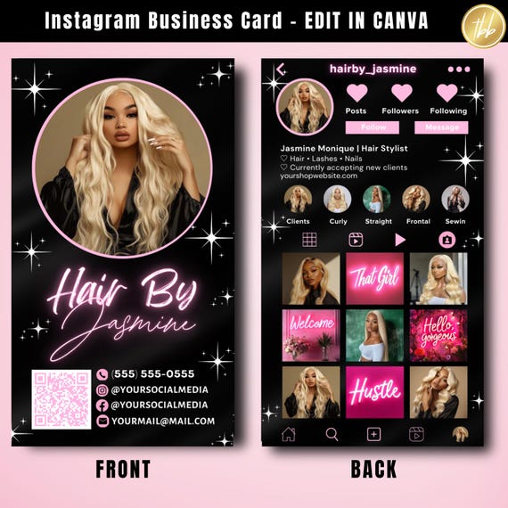 Instagram Business Card Template, digital download, canva, hairstylist, makeup artist, nail tech, press on nails, lash tech, QR Code, DIY