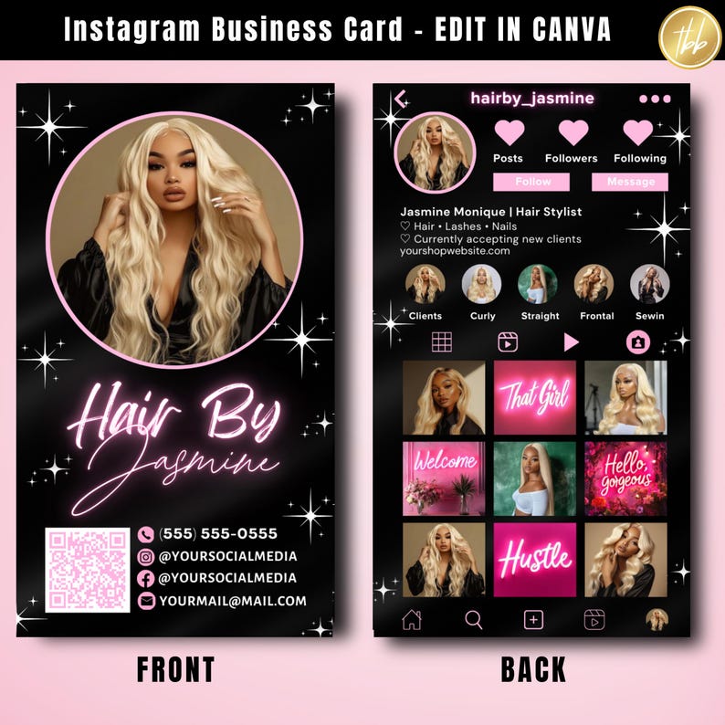 Puede incluir: Tarjeta de visita de Instagram para una estilista llamada Jasmine. El frente de la tarjeta presenta una foto de Jasmine con cabello largo y rubio, un letrero de ne&oacute;n rosa que dice "Hair By Jasmine" e informaci&oacute;n de contacto. La parte posterior de la tarjeta muestra una cuadr&iacute;cula de fotos de peinados, con el texto "hairby_jasmine" en la parte superior.