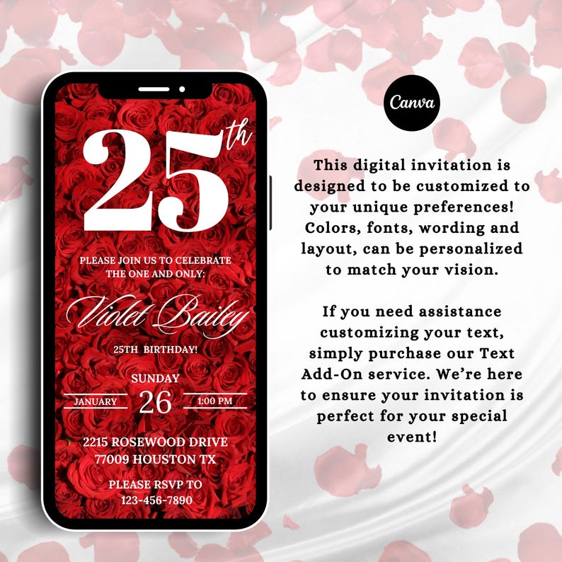 25th Red Rose Birthday Digital Invitation, Elegant Floral Birthday ...