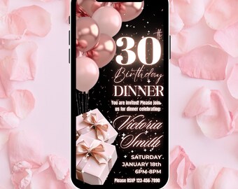 30th Pink Birthday Dinner Digital Invitation, 30 birthday evite, edit in Canva, birthday girl, editable template, All Pink, Rose Gold Party