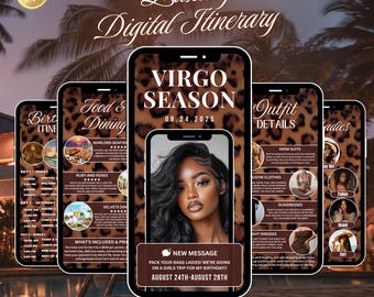 Virgo Season Leopard Print Itinerary Invitation, birthday girls trip, editable template, Birthday Weekend, Trip Schedule, Cheetah Print,