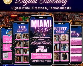 Invito per itinerario di viaggio a Miami, invito itinerario, festeggiata, modello modificabile, viaggio tra ragazze, vacanza, itinerario rosa