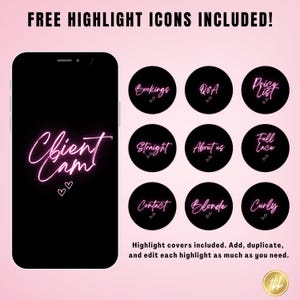 Puede incluir: Un letrero de ne&oacute;n rosa sobre un fondo negro que dice "Client Cam" con dos corazones debajo del texto. Hay nueve iconos de resaltado de ne&oacute;n rosa con fondos negros y texto blanco. Los iconos incluyen: Reservas, Q&A, Lista de precios, Recto, Acerca de nosotros, Encaje completo, Contacto, Rubia y Rizado.