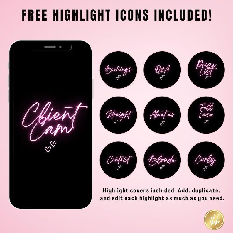 Puede incluir: Un letrero de ne&oacute;n rosa sobre un fondo negro que dice "Client Cam" con dos corazones debajo del texto. Hay nueve iconos de resaltado de ne&oacute;n rosa con fondos negros y texto blanco. Los iconos incluyen: Reservas, Q&A, Lista de precios, Recto, Acerca de nosotros, Encaje completo, Contacto, Rubia y Rizado.