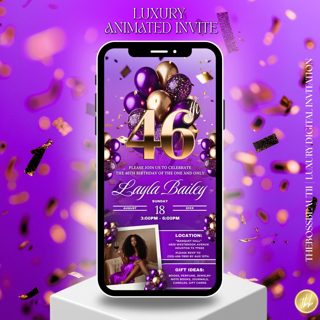 46th Purple and Gold Birthday Invitation With Picture, Turning Forty ...