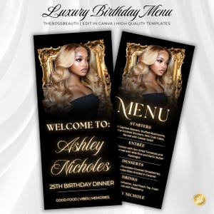Schwarz und Gold Elegant Geburtstag Abendessen Menüvorlage, Geburtstagsfeier Menüvorlage, Elegante Menüvorlage, Luxusmenü, Menü bearbeitbare Tabelle
