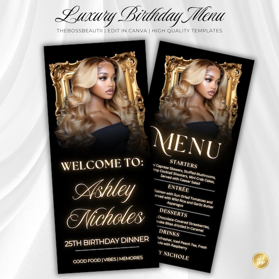 Black and Gold Elegant Birthday Dinner Menu Template, Birthday Party Menu template, Elegant menu template, Luxury menu, Editable Menu 3092
