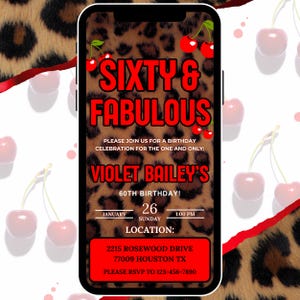 60th Red Cherry Leopard Print Birthday Digital Invitation, Cheetah evite, 60 birthday girl, text message invite, Cherries and Leopard Print