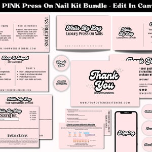 Pink Branding Bundle Press On Nails Vorlagen Kartenset Kit, Anleitung, Nail Sizing Kit Design, Business Name, Dankeskarte