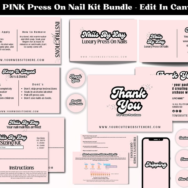 Pink Branding Bundle Press On Nails Templates Card Set Kit, How To Apply Instruction, Nail Sizing Kit Design, Business Name, Thank You Card