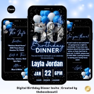 50th Blue Birthday Dinner Digital Invitation, 50th birthday evite, edit in Canva invitation, editable template, Blue and White Evite, tbb123