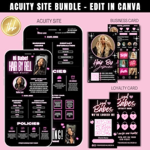 Acuity Scheduling Bundle, Edit in Canva, DIY website banners, pink business cards, loyalty cards, MUA, Nail tech, Hairstylist, Lash Tech,