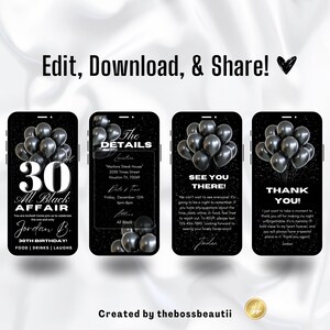 Pode incluir: Um convite para uma festa de anivers&aacute;rio em preto e branco com um design de tela de telefone. O convite apresenta um grande n&uacute;mero 30, as palavras "All Black Affair" e o nome "Jordan B.". O convite tamb&eacute;m inclui detalhes sobre o evento, como a data, a hora, o local e o c&oacute;digo de vestimenta.