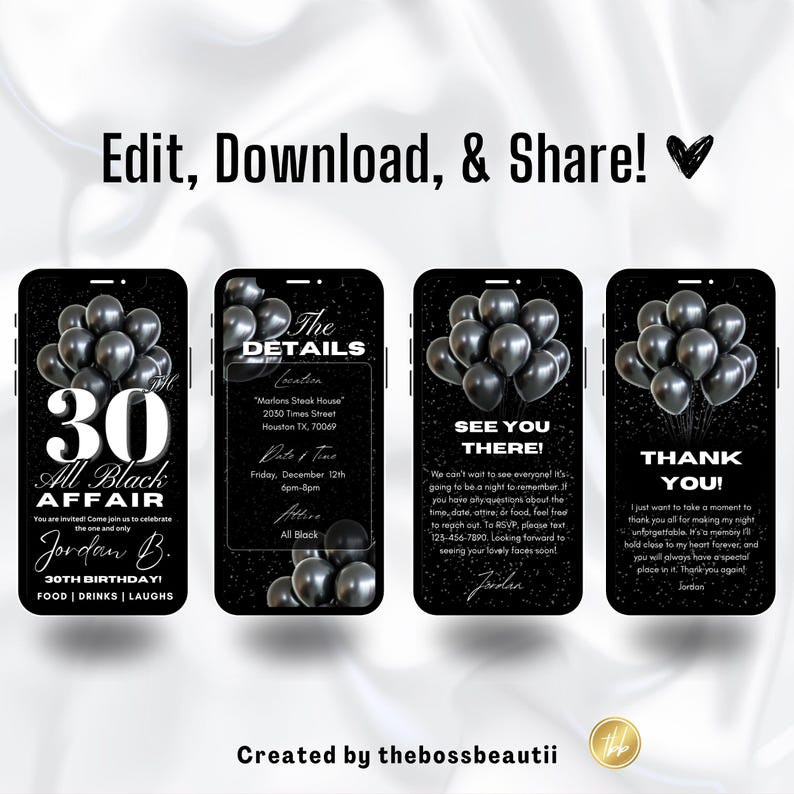 Pode incluir: Um convite para uma festa de anivers&aacute;rio em preto e branco com um design de tela de telefone. O convite apresenta um grande n&uacute;mero 30, as palavras "All Black Affair" e o nome "Jordan B.". O convite tamb&eacute;m inclui detalhes sobre o evento, como a data, a hora, o local e o c&oacute;digo de vestimenta.