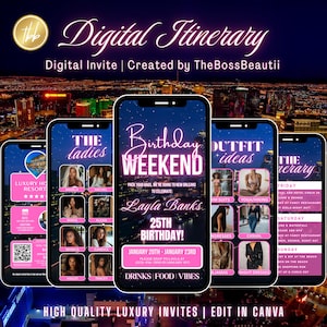 Birthday Weekend Itinerary Invitation, Itinerary Invitation, birthday girl, editable template, all girls trip, Vacation, Pink Itinerary